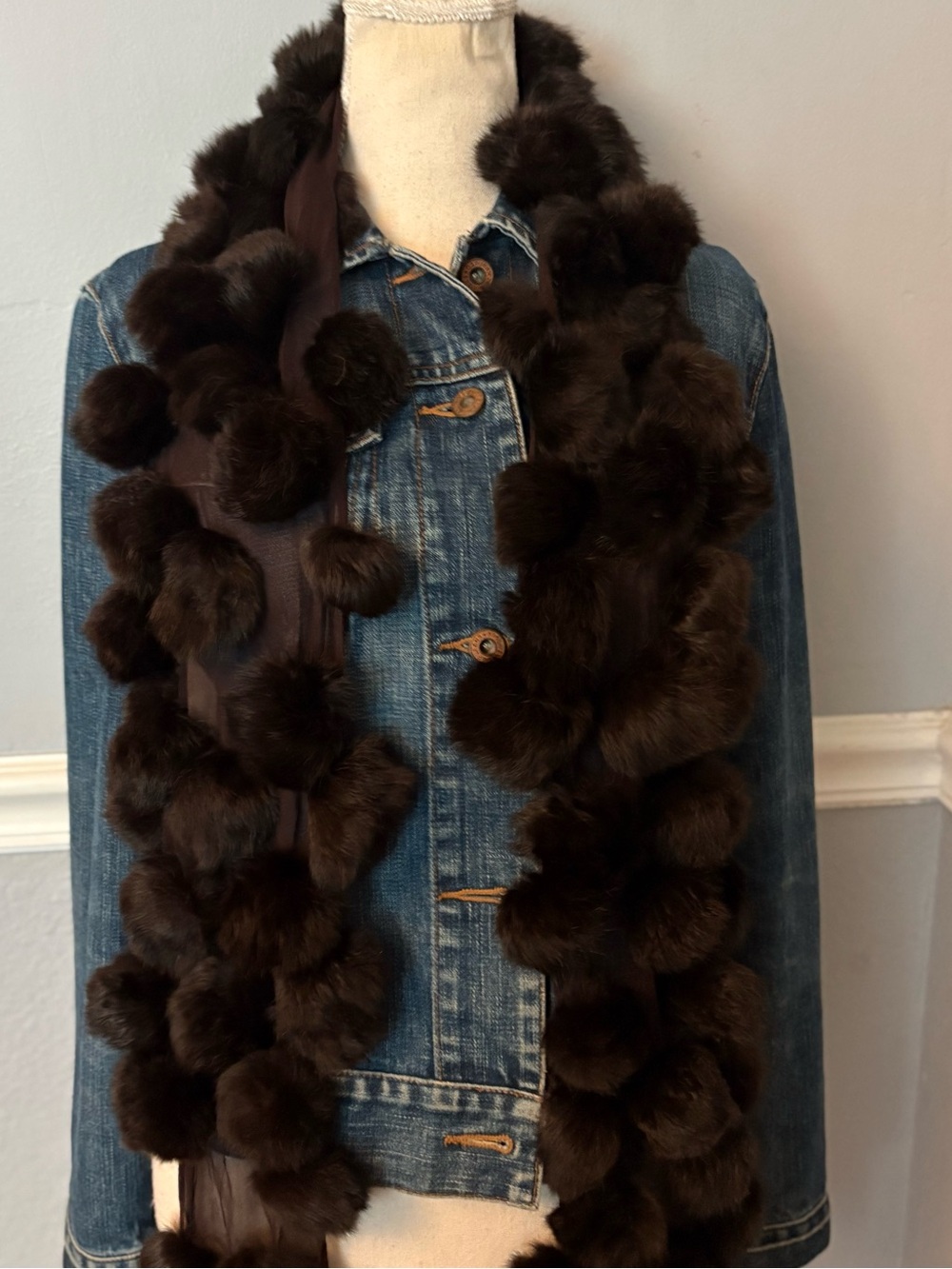 CACHÉ 100% Rabbit Fur & Silk Pom Pom Scarf / Wrap 64"